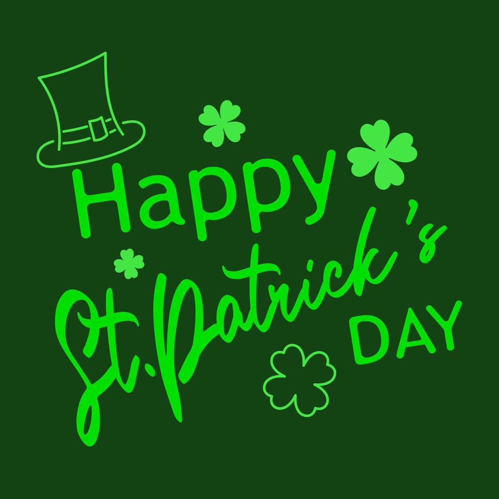 gelukkige st. patrick's day belettering met kabouter hoed en klaver met vier bladeren voor goed geluk. voor spandoek, poster, flyer, ansichtkaart vector