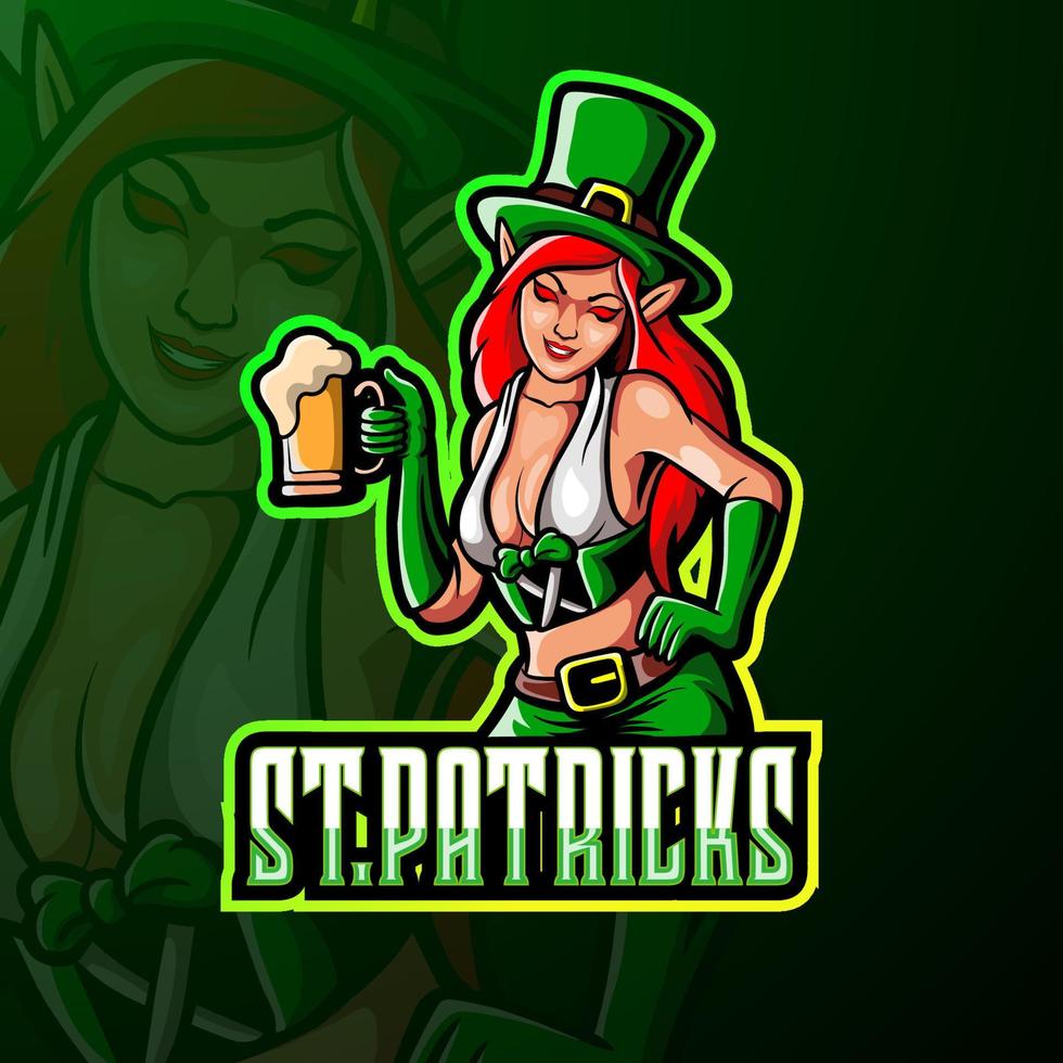 st. patrick's vrouwelijke kabouter esport mascotte logo ontwerp vector