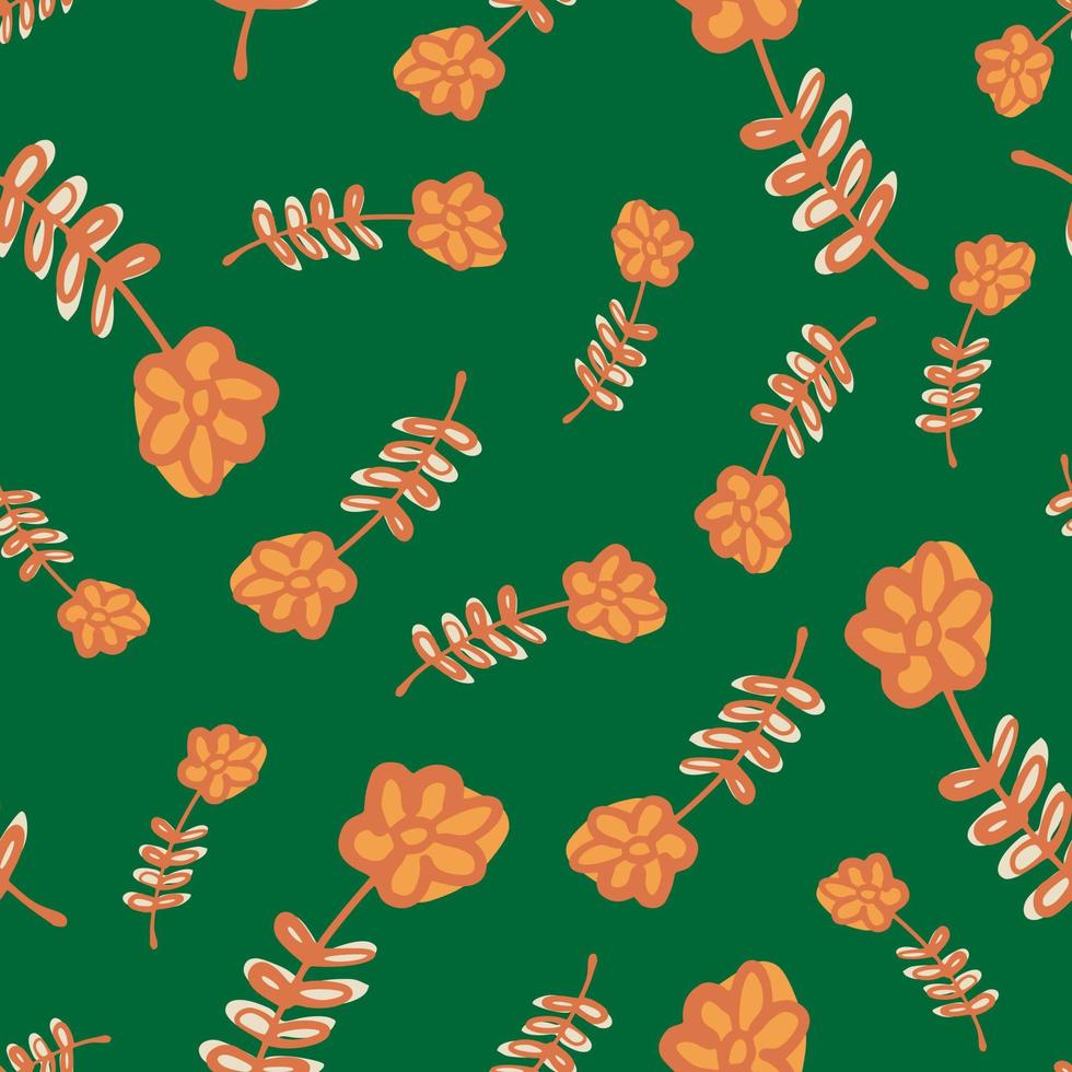 willekeurig zomer naadloos patroon met oranje bloemenornament. groene achtergrond. vector