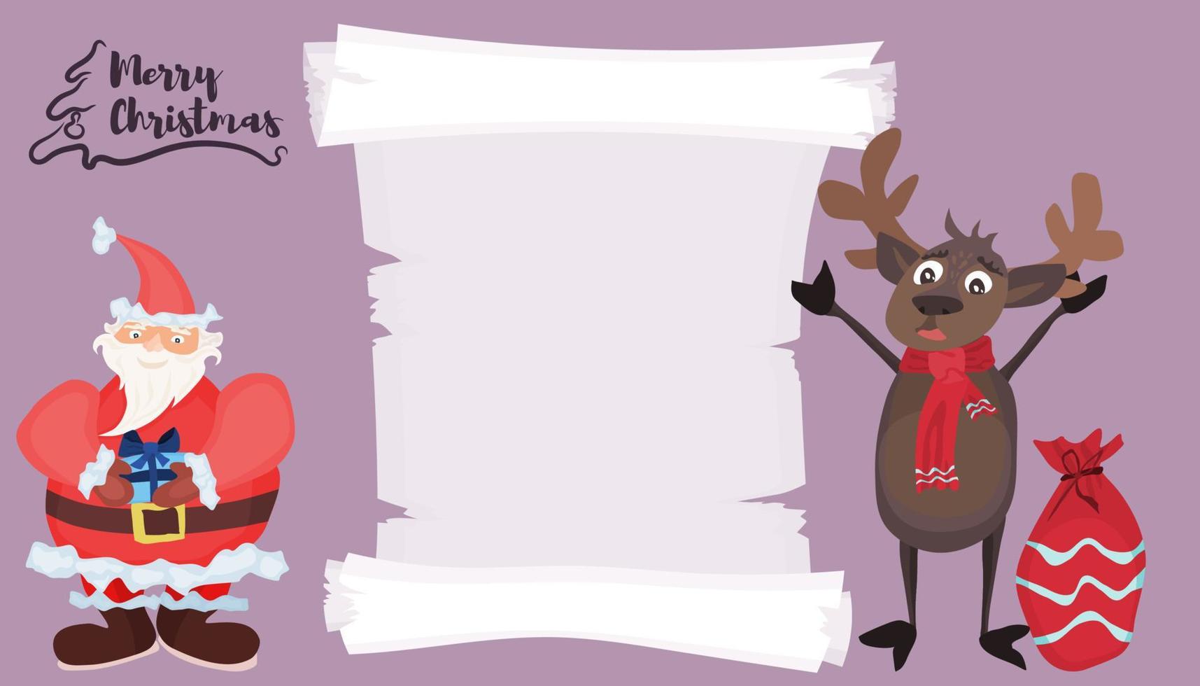 Kerstman en een boekrol met een hert. advertentiesjabloon vector
