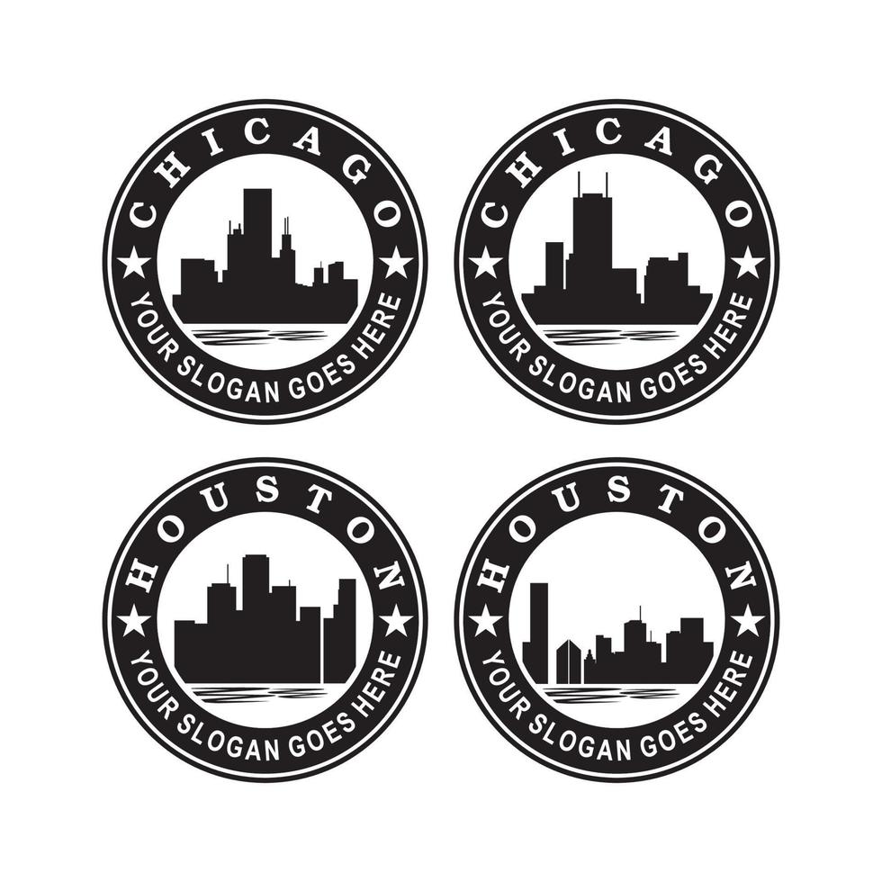 een set skyline chicago en houston vector, een set wolkenkrabber amerika logo vector