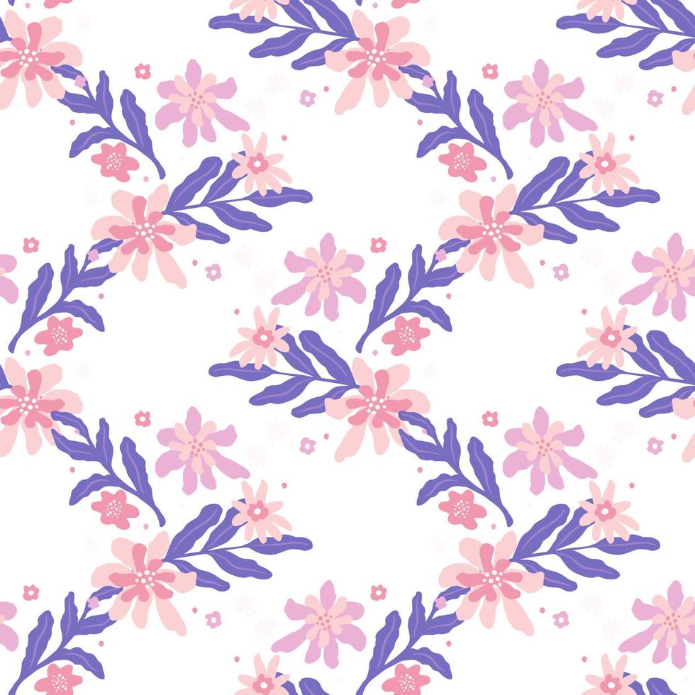 geïsoleerd naadloos patroon met roze bloemenprint en paars gebladerte. witte achtergrond. bloesem achtergrond. vector