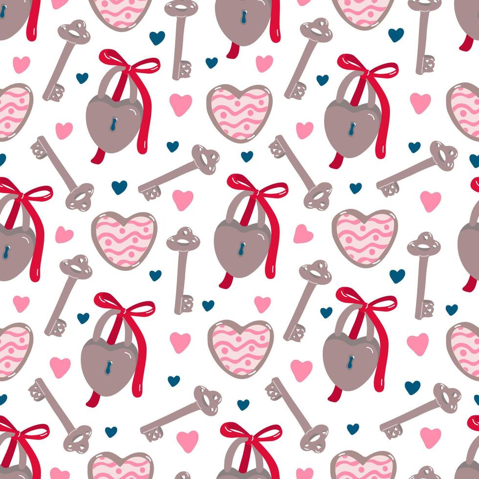 vintage naadloze patroon met sleutels, hangsloten en harten voor Valentijnsdag of bruiloft op wit. geweldig voor stoffen, inpakpapier, behang, covers. roze, rode en bruine kleuren. vector