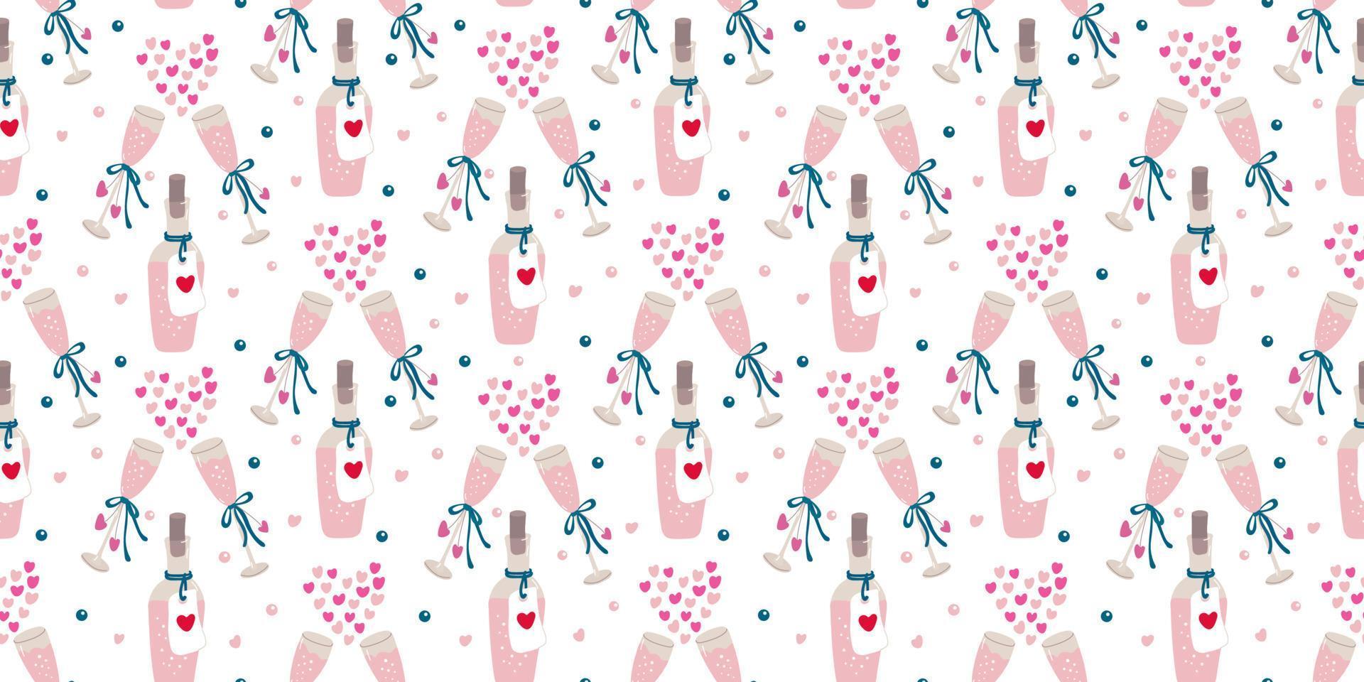 hand getekende naadloze patroon met flessen rose champagne, wijnglazen, harten op wit. valentijnsdag, huwelijksdecoratie. geweldig voor stoffen, inpakpapier, behang, covers. vector