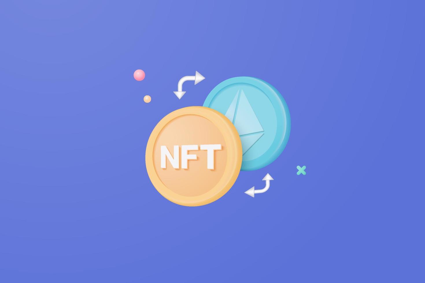 cryptocurrency nft 3d geldoverdrachtconcept door blockchain-technologie, futuristische achtergrond. bundelt contant geld en zwevende munten wisselen op blauwe achtergrond. geldloze samenleving concept in 3d vector render