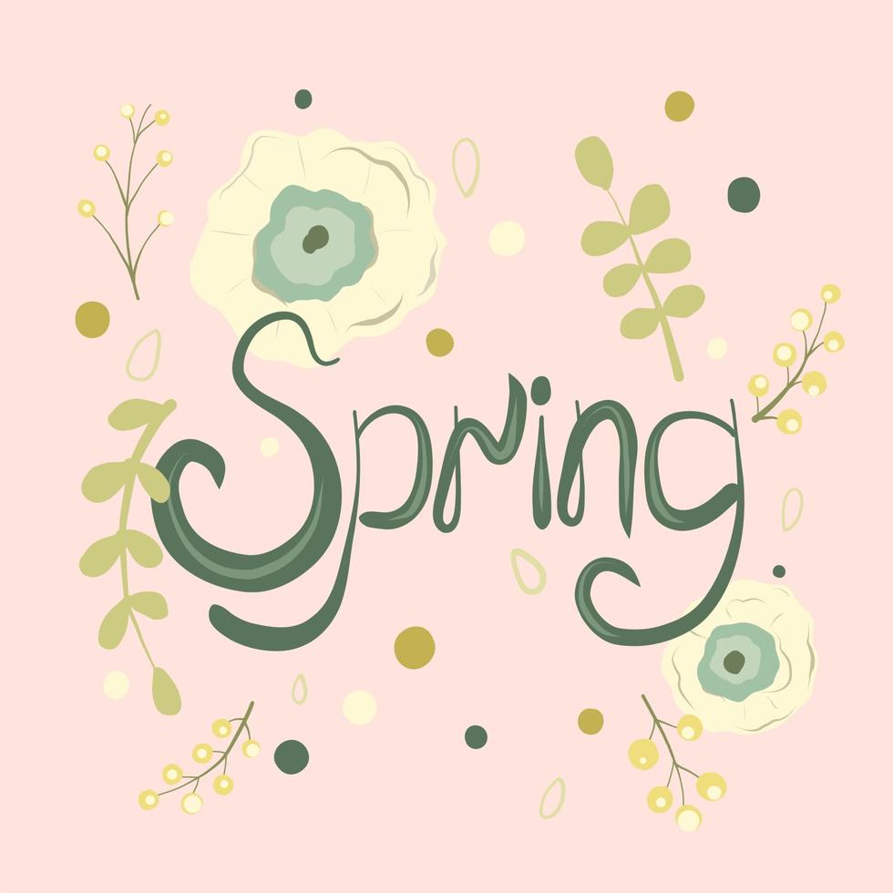 belettering lente voor wenskaarten. bannerontwerp met lente-logo. lente planten en bloemen. vector