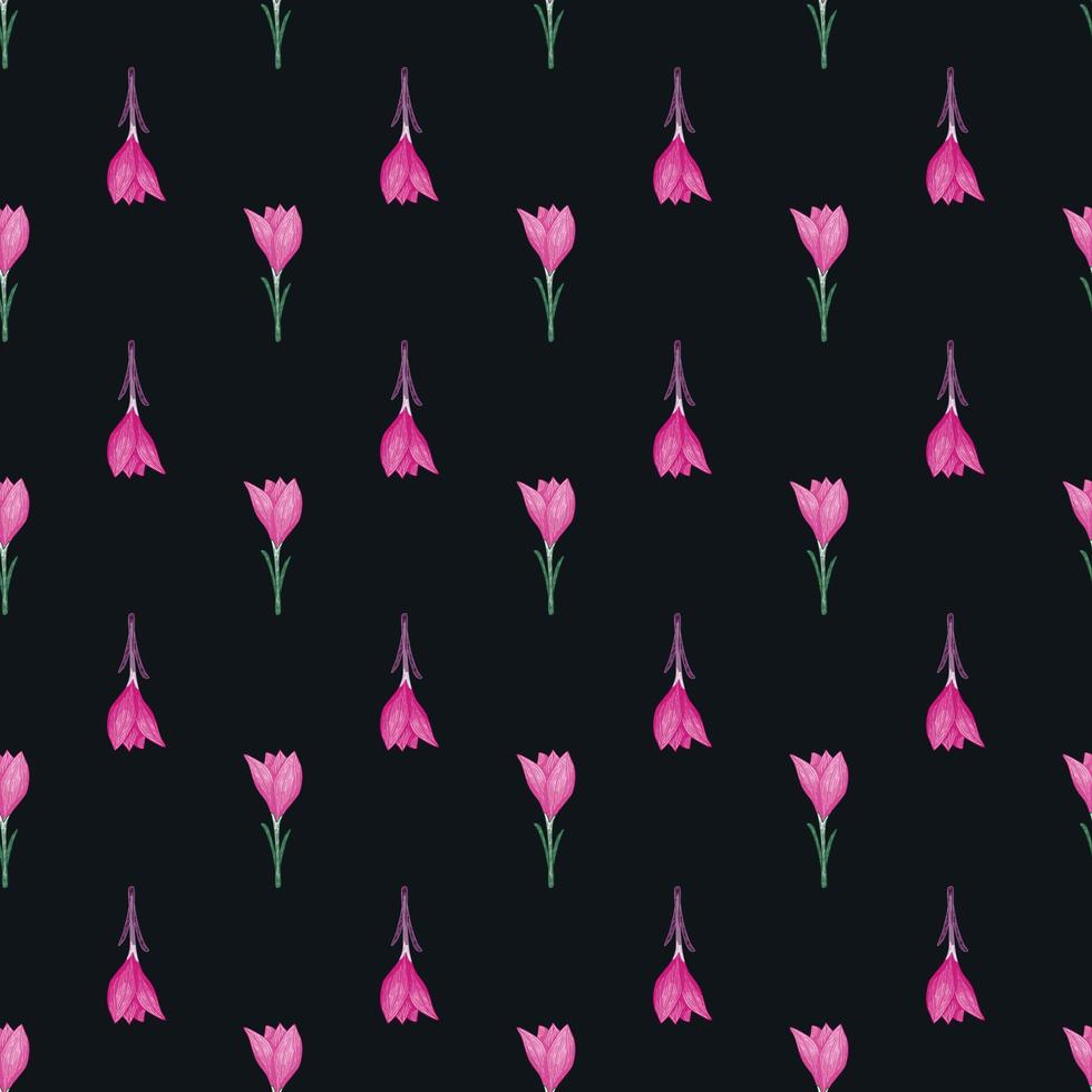 contrast naadloos patroon in doodle hand getrokken stijl met roze krokus bloemen op zwarte achtergrond. vector