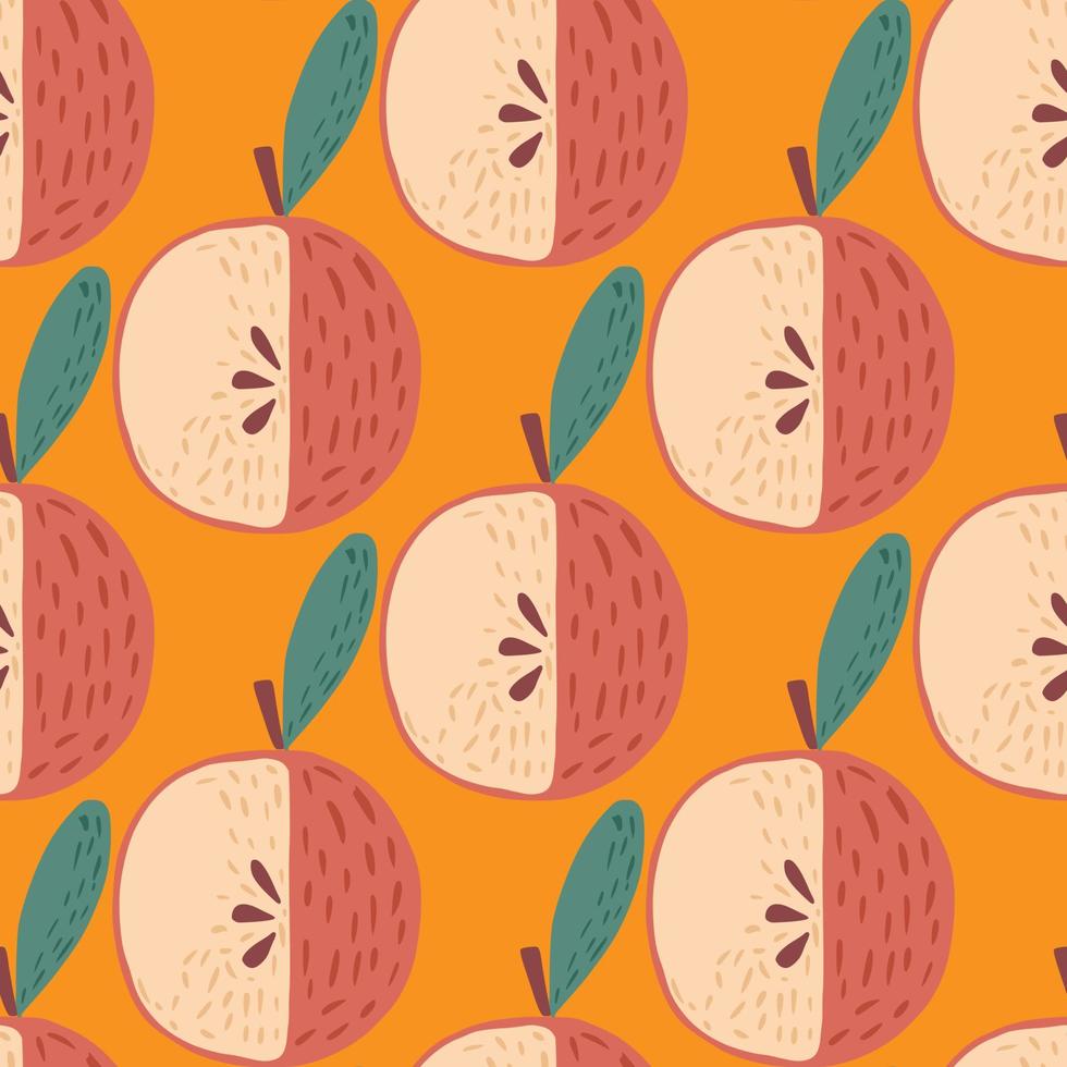 cartoon doodle naadloze appel patroon. fruitornament in roze tinten op een feloranje achtergrond. vector