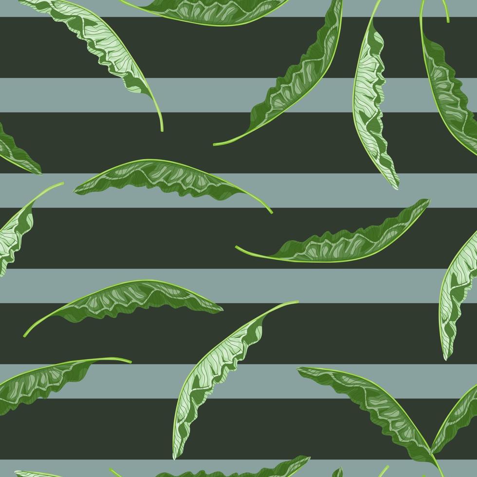 Hawaiiaans naadloos patroon met doodle groene willekeurige palm gebladerte print. grijze en blauwe gestreepte achtergrond. vector