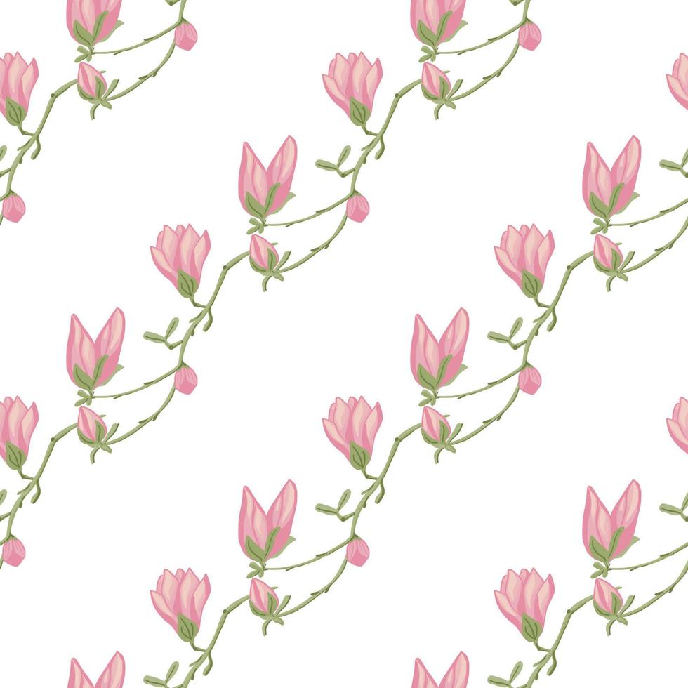 naadloze patroonmagnolia's op witte achtergrond. mooi ornament met roze lentebloemen. vector