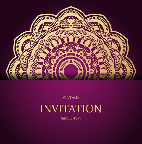 Elegant Save The Date-kaartontwerp. Vintage bloemen uitnodigingskaartsjabloon. Luxe swirl mandala wenskaart, goud, paars vector