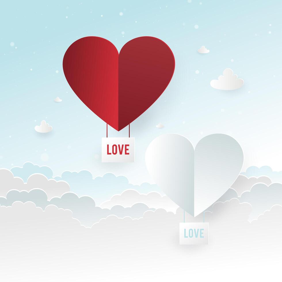 Illustratie van liefde en Valentijnsdag, papier hete lucht ballon hart vorm drijvend op de hemel, papier kunst en ambachtelijke stijl. vector
