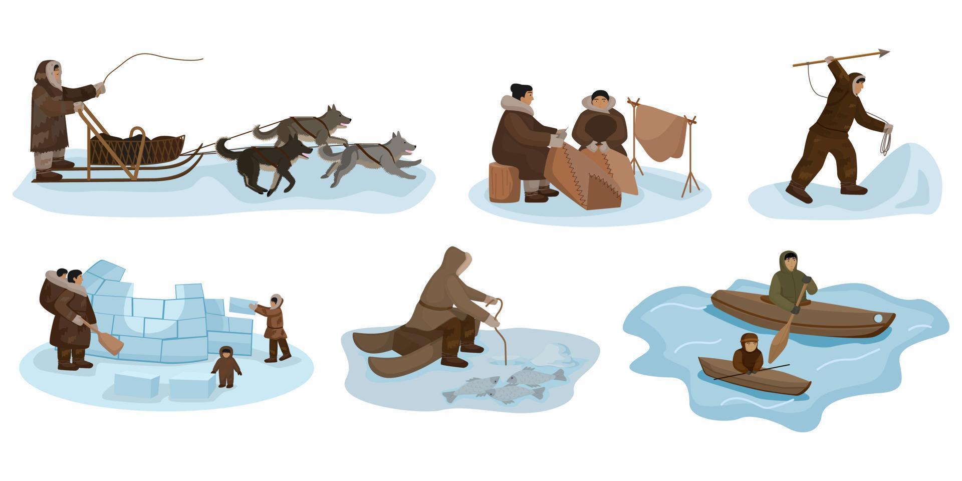 stel eskimo geïsoleerd op een witte achtergrond. verschillende samenstelling mensen, rodelen, vissen, jagen, naaien, varen, iglo-constructie. vector