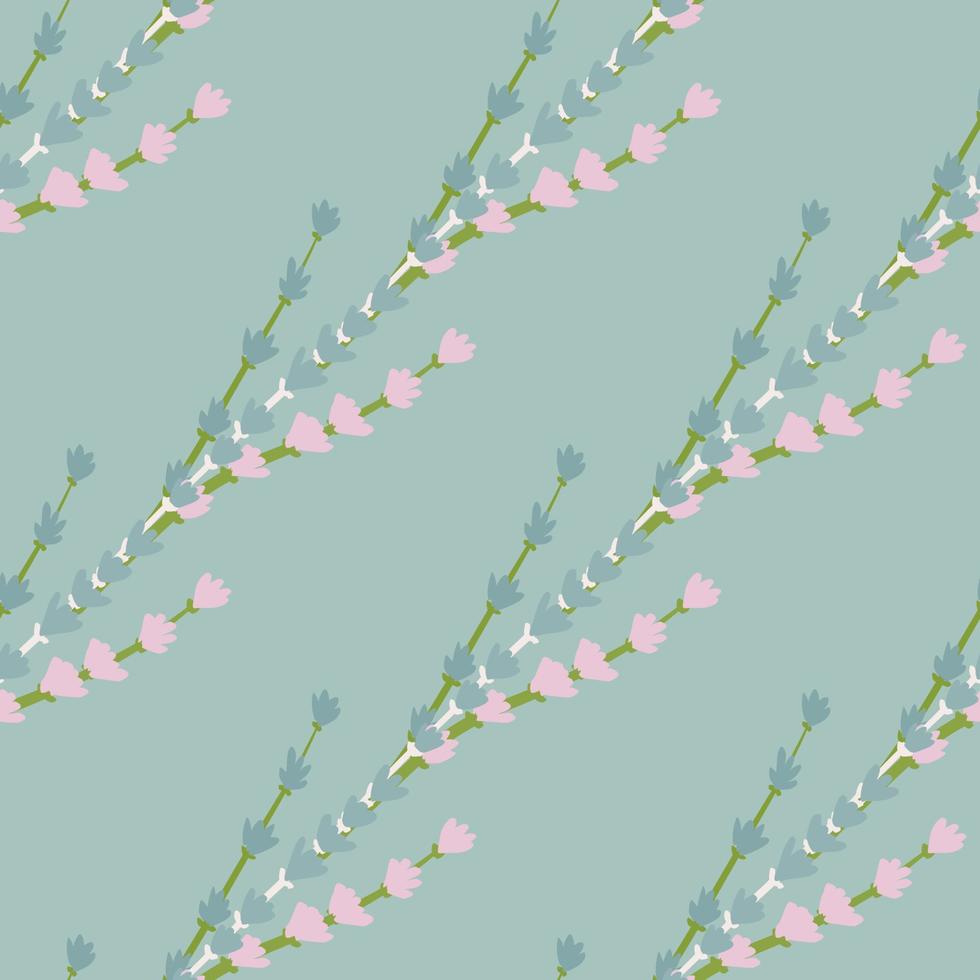 roze pastel lavendel naadloos patroon in doodle stijl. pastelblauwe achtergrond. kruidenaroma bloemenachtergrond. vector