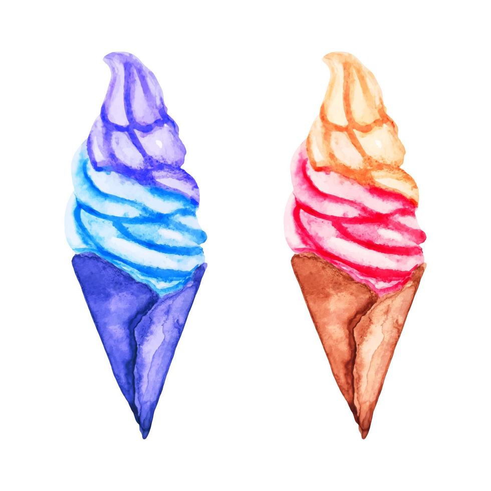 aquarel ijs set, geïsoleerd kleurrijk voedsel icoon, wafel kegel ijs, getextureerde schilderij clipart. vector