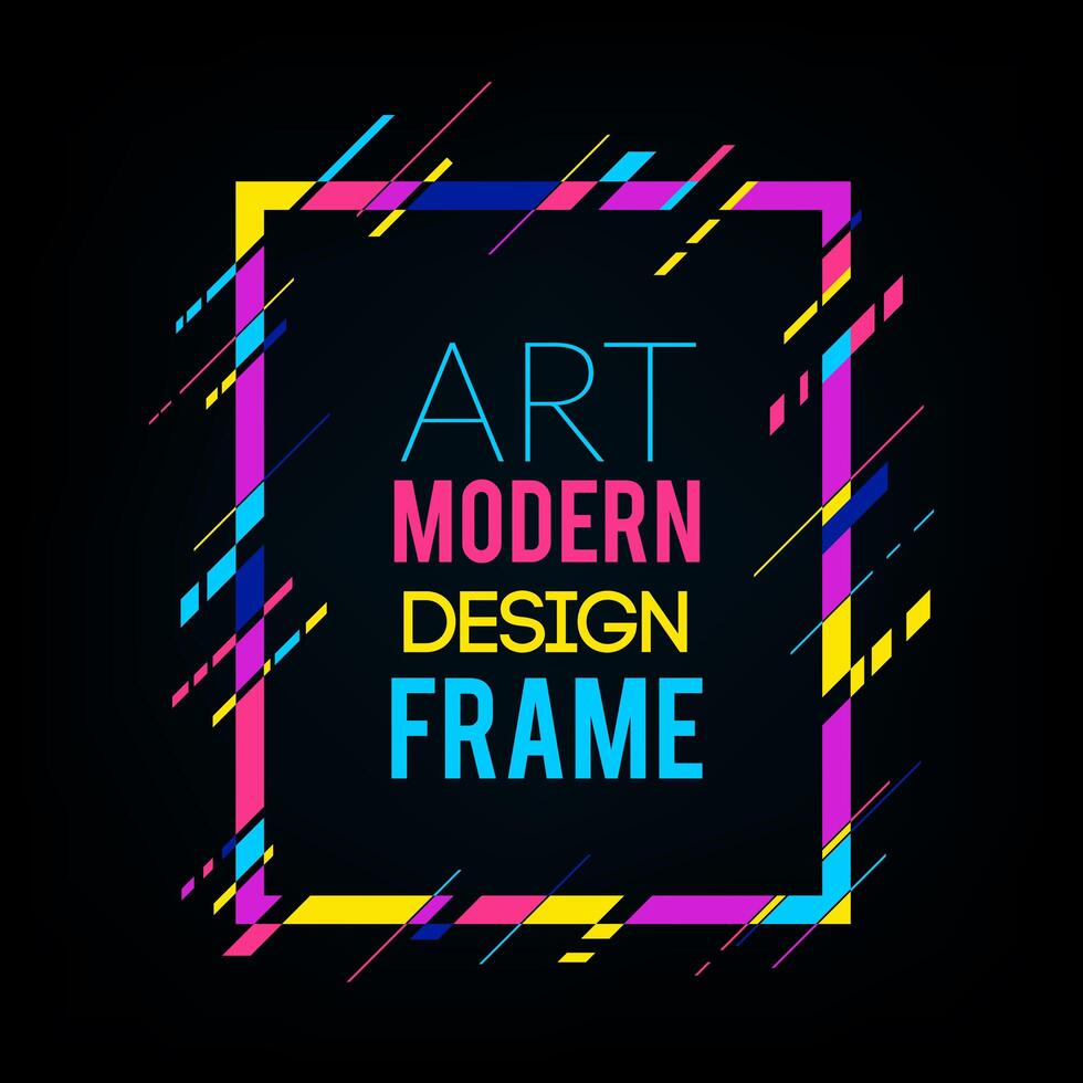 Vector frame voor tekst Moderne kunstafbeeldingen. Dynamisch frame met stijlvolle kleurrijke abstracte geometrische vormen eromheen op een zwarte achtergrond. Trendy neonlijn in een moderne materiaalstijl.