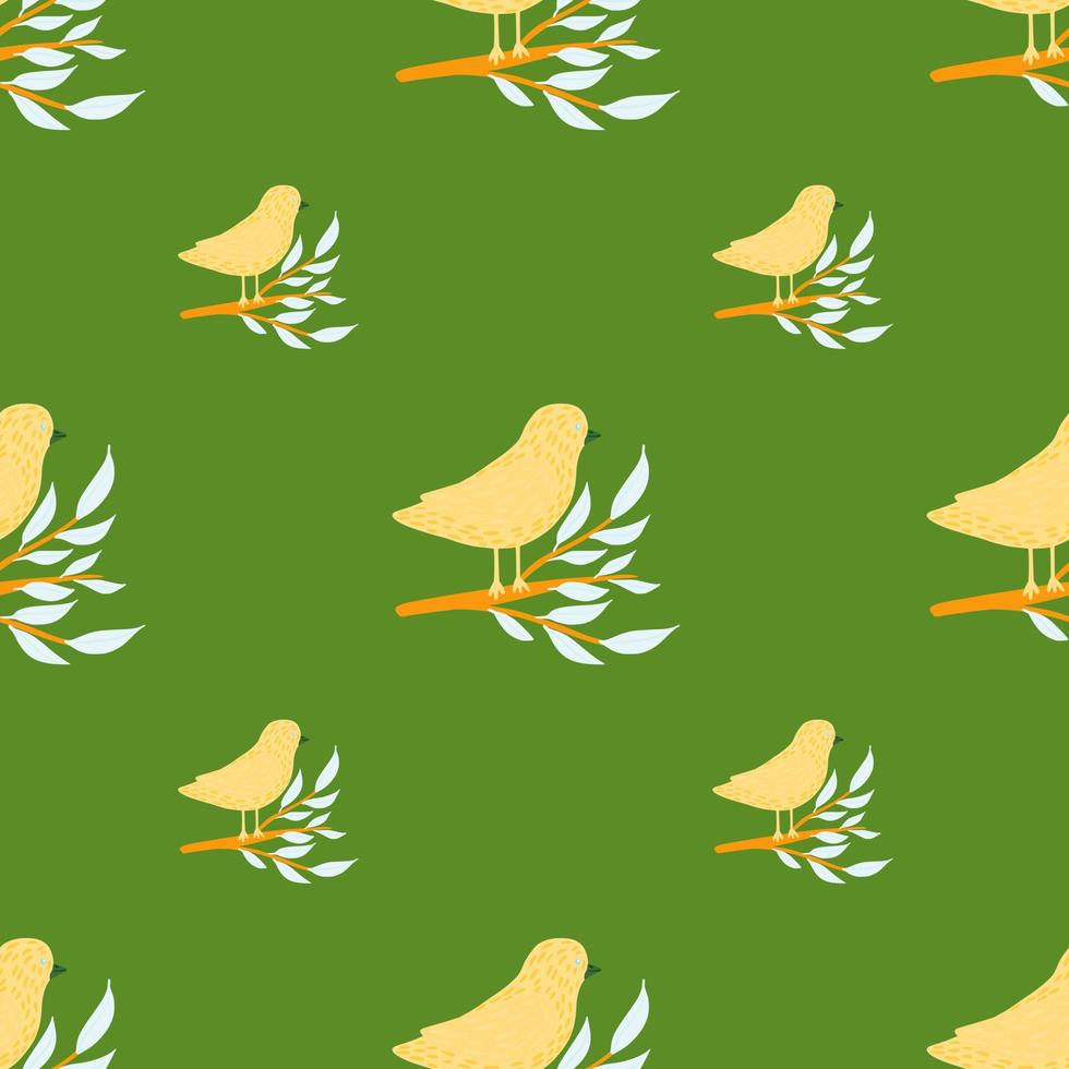 vintage fauna naadloos patroon met hand getrokken gele vogels op takkenornament. groene achtergrond. vector