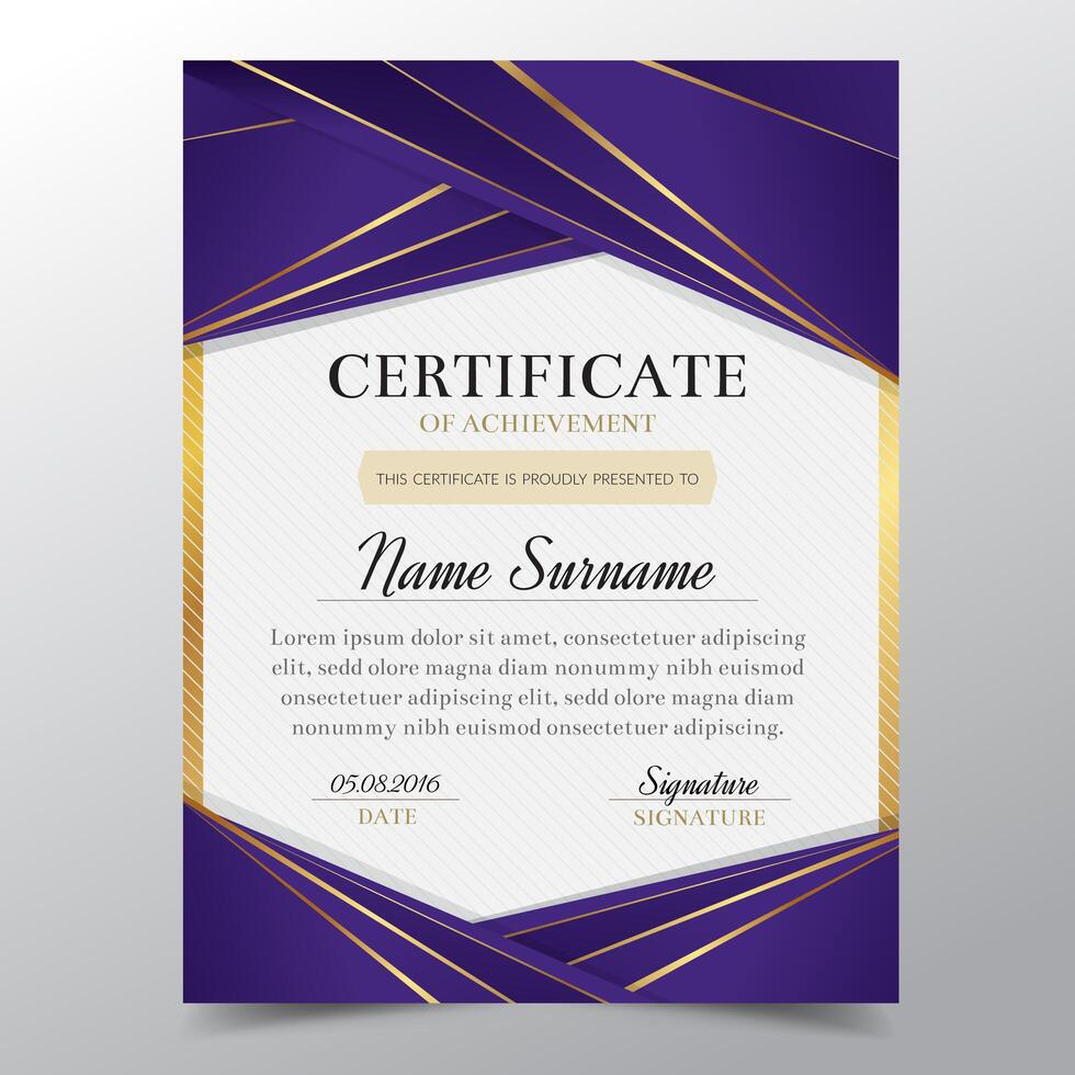 Certificaatmalplaatje met Luxe gouden en purper elegant ontwerp, de graduatie van het Diplomaontwerp, toekenning, succes Vector illustratie.