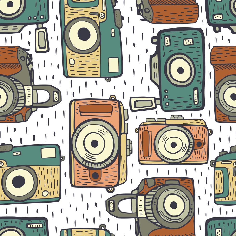 naadloze patrooncamera's in krabbel op wit met streepjesachtergrond. vintage textuur van leuke retro camera voor stof groene en oranje kleuren. moderne hipsterkunst in vlakke stijl. vector