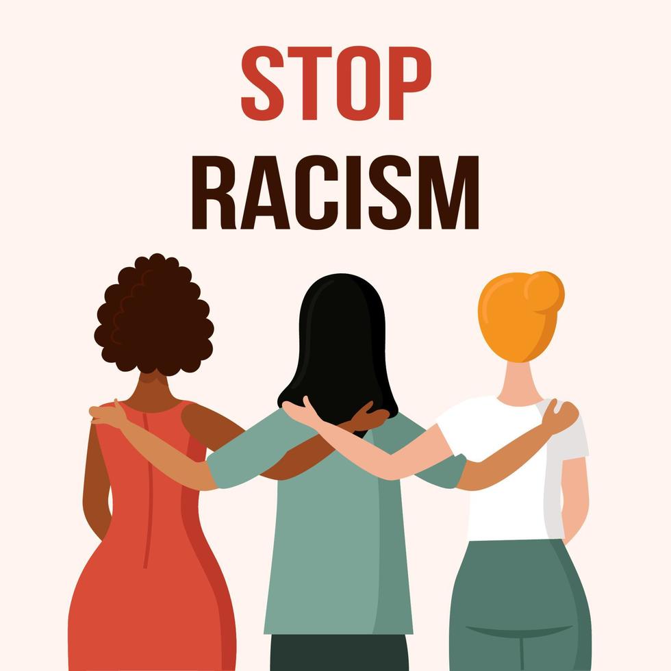 een vrouw met een andere huidskleur staat met haar rug. het concept van anti-racisme, de eenheid van verschillende rassen, een vriendelijke knuffel. Afrikaanse, Aziatische en Europese races. platte vectorillustratie geïsoleerd vector