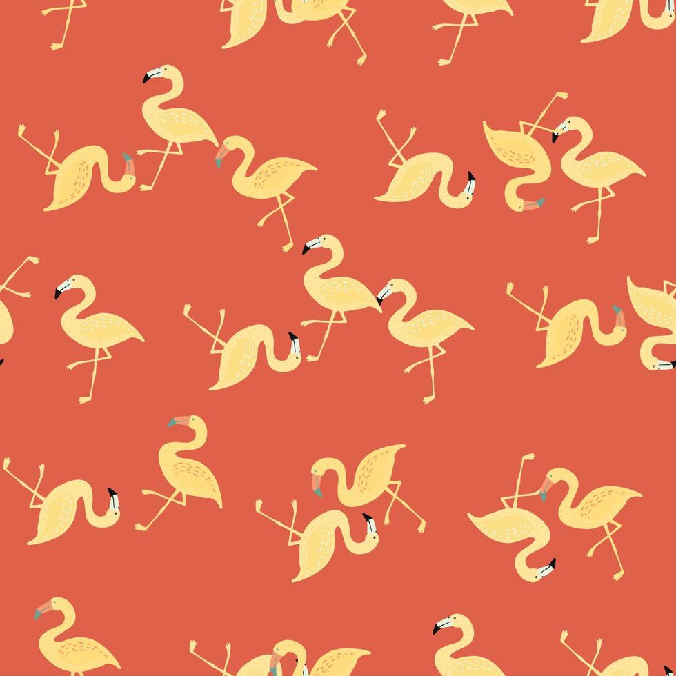 naadloos tropisch wildpatroon met gele flamingo-vormen print. rode pastelachtergrond. dierlijke achtergrond. vector