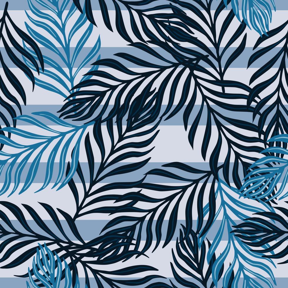 hawaii exotische naadloze flora patroon met willekeurig varenblad silhouetten ornament. blauw gestreepte achtergrond. vector