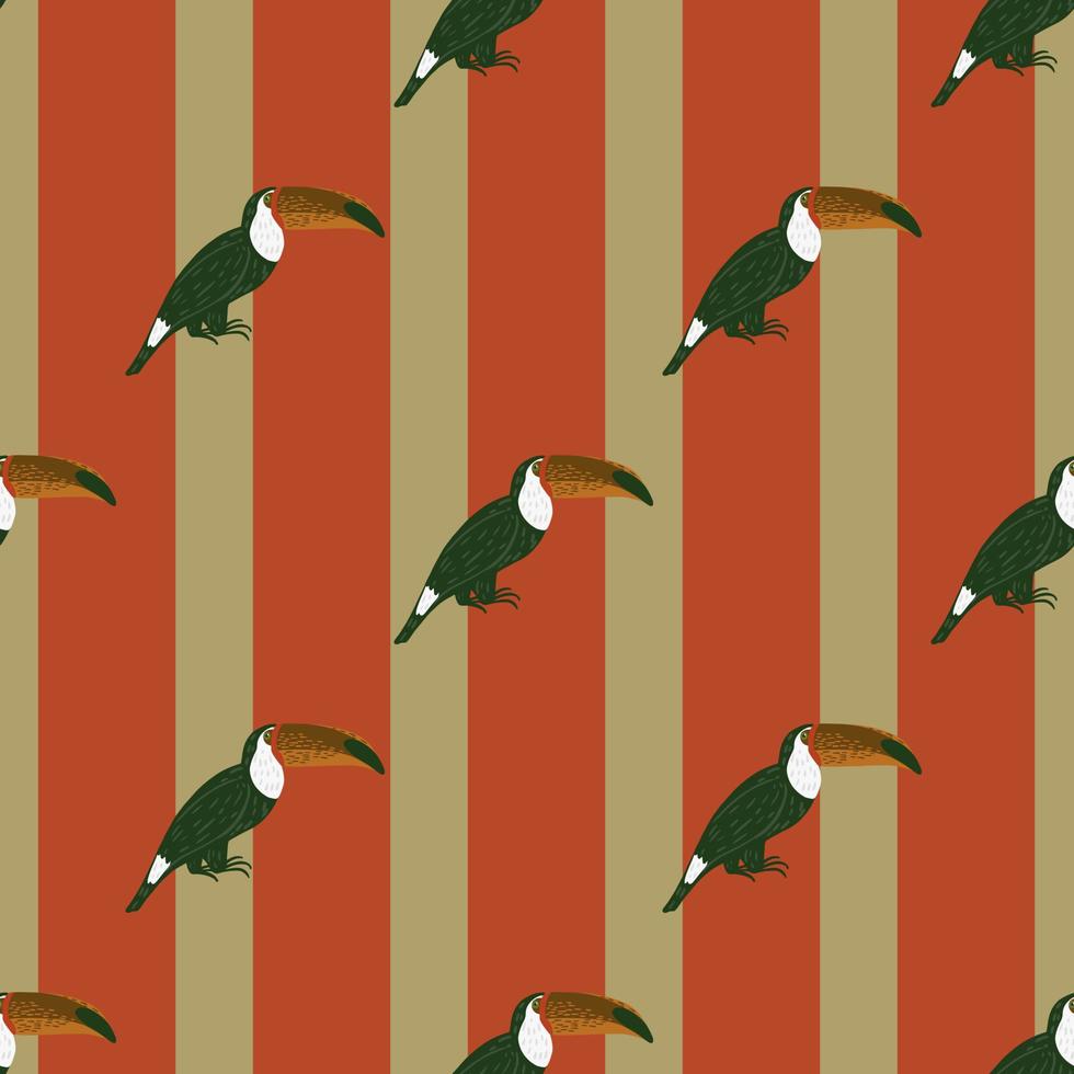 doodle naadloze fauna patroon met eenvoudige toekan vogel ornament. rode en beige gestreepte achtergrond. vector