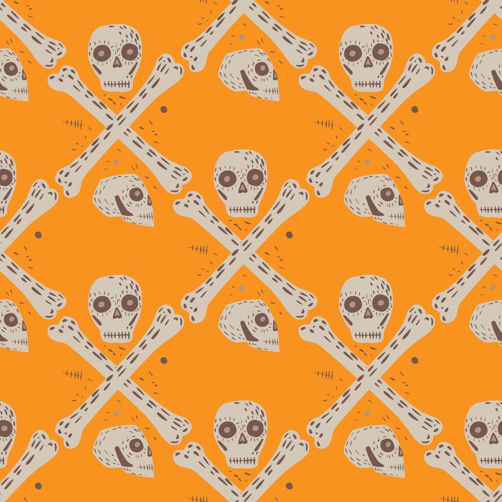 grijze schedels en botten naadloos skeletpatroon. gevarensymbool op bocht oranje achtergrond. vector