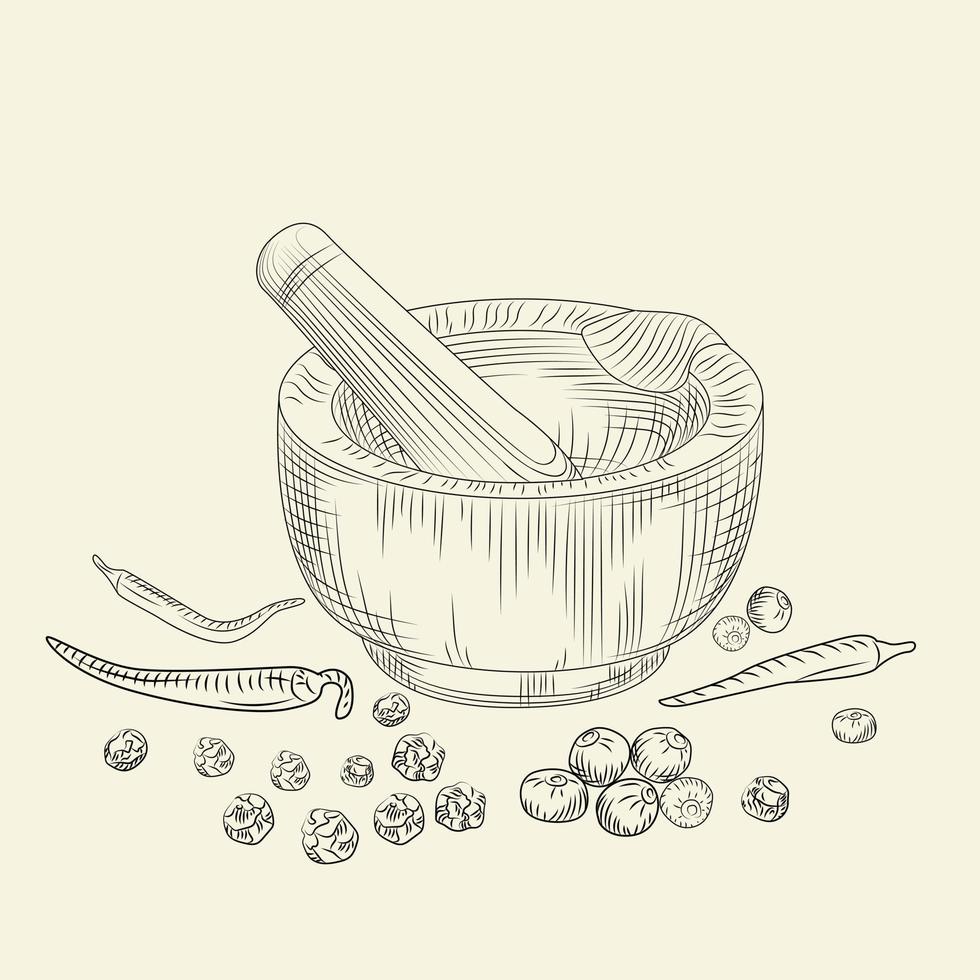 mortier en stamper concept. peper set. kruiden en voedselingrediënten malen. vector