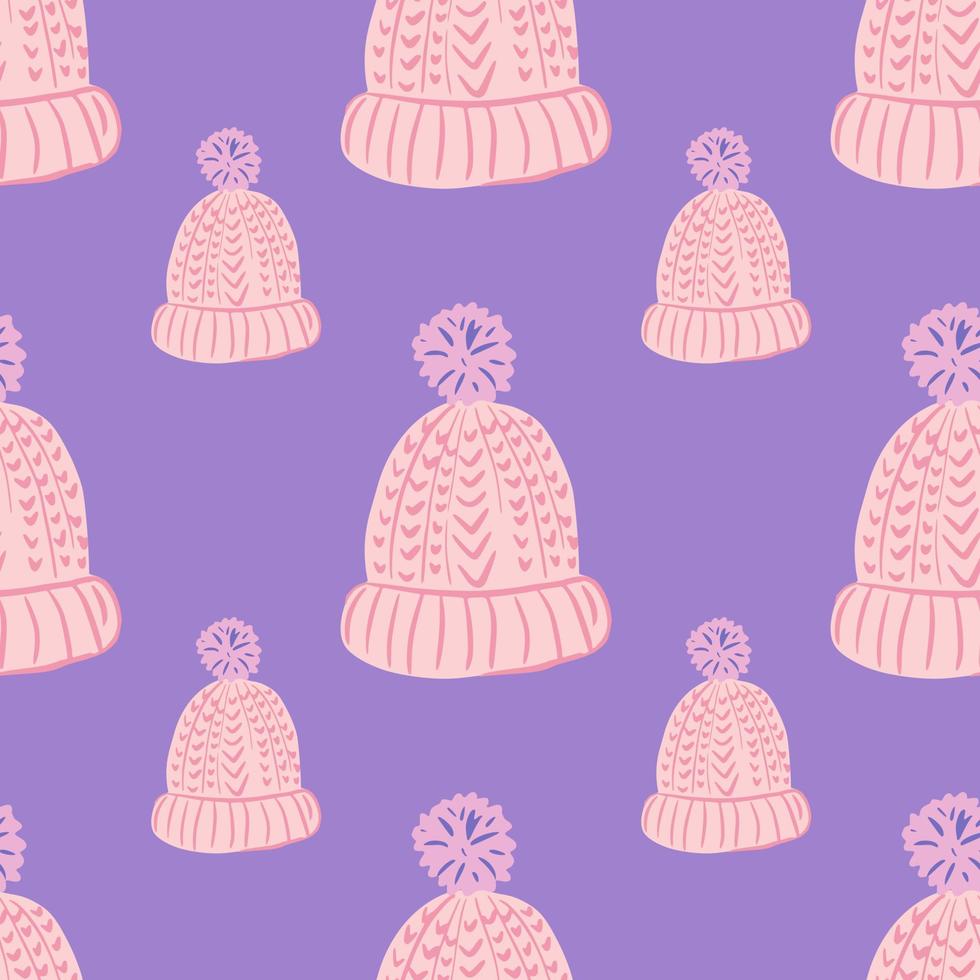 roze gebreide muts doodle naadloze patroon in creatieve winterstijl. paarse achtergrond. vector