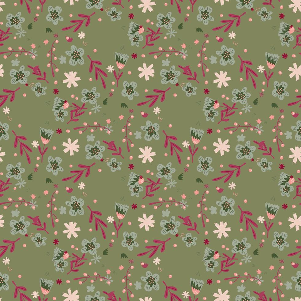 naadloze vintage patroon met bloemen en blad silhouetten print. groene olijf bleke achtergrond. vector