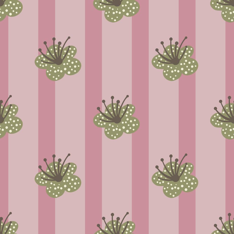 naadloze patroon lente planten op roze gestreepte achtergrond. vector bloemen sjabloon in doodle stijl met bloemen.