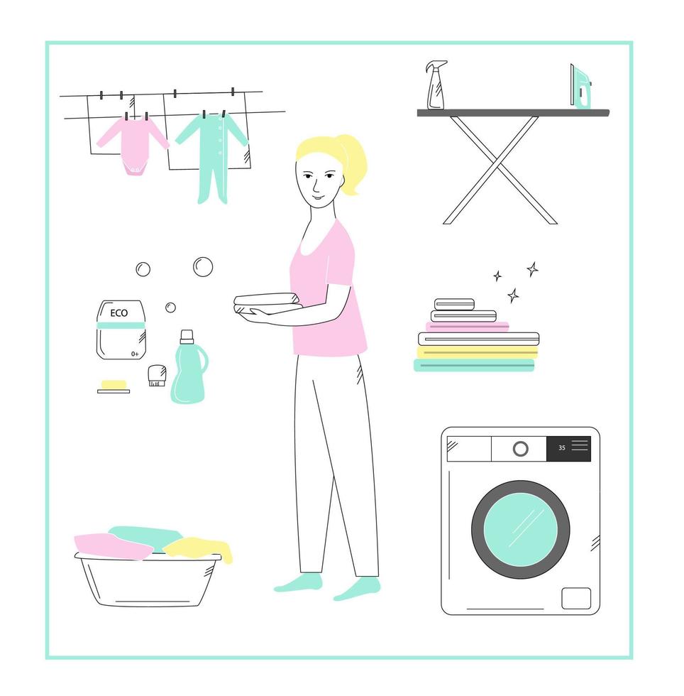 huisvrouw in wasruimte met wasmachine, wasmiddelen, waslijnen, strijkijzer, stapel wasgoed, mand. vectorillustratie. schets stijl. vector