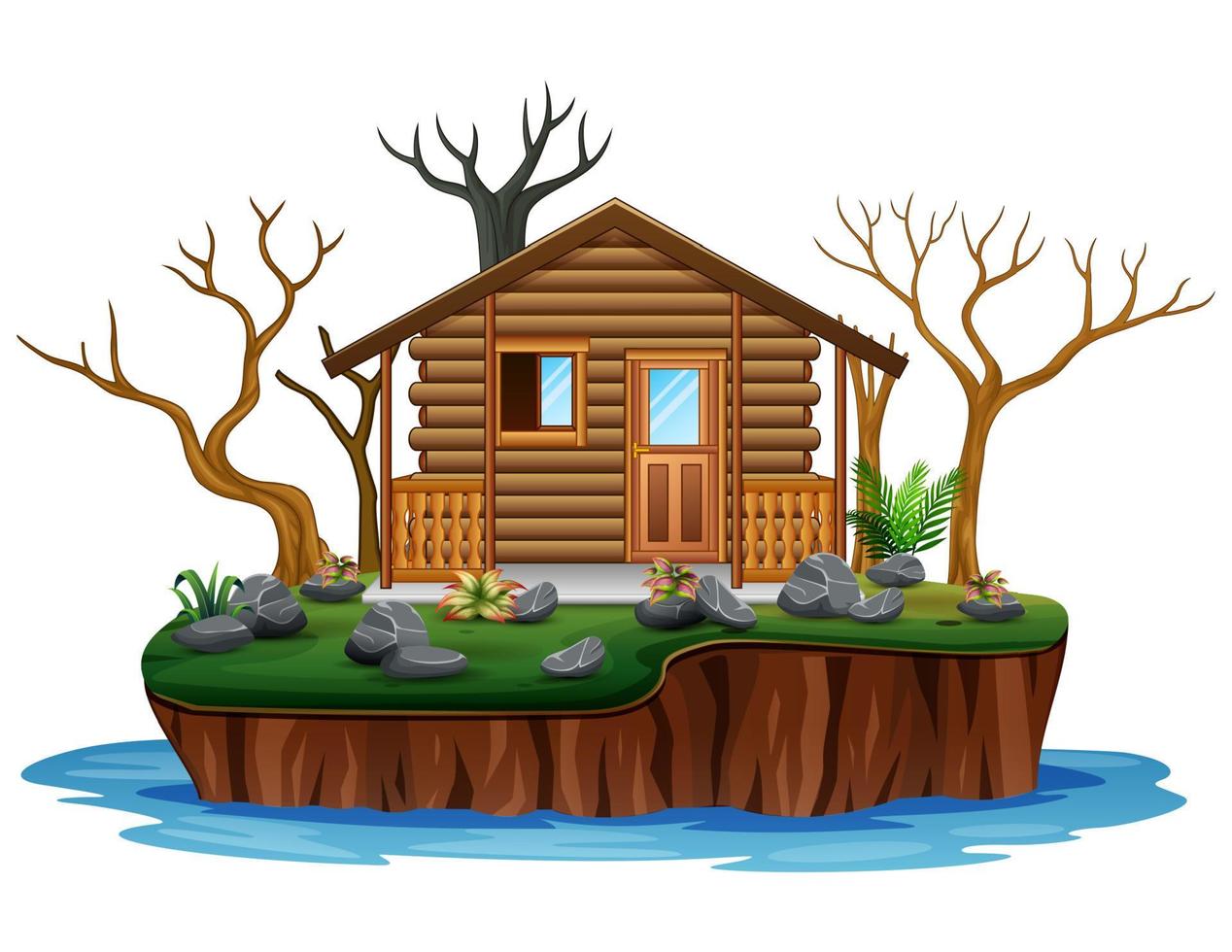 houten huis met droge boom op eiland vector