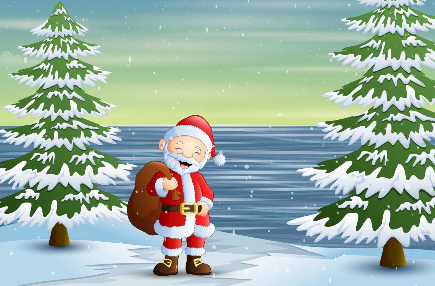 de kerstman staat met een zak cadeautjes in het bos vector