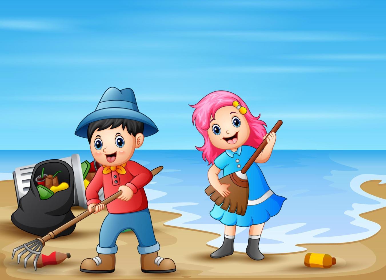 gelukkige kleine kinderen die het strand schoonmaken vector