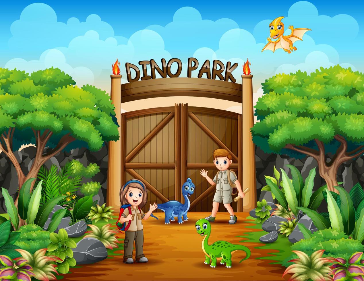 de ontdekkingsreiziger jongen en meisje in dino park vector