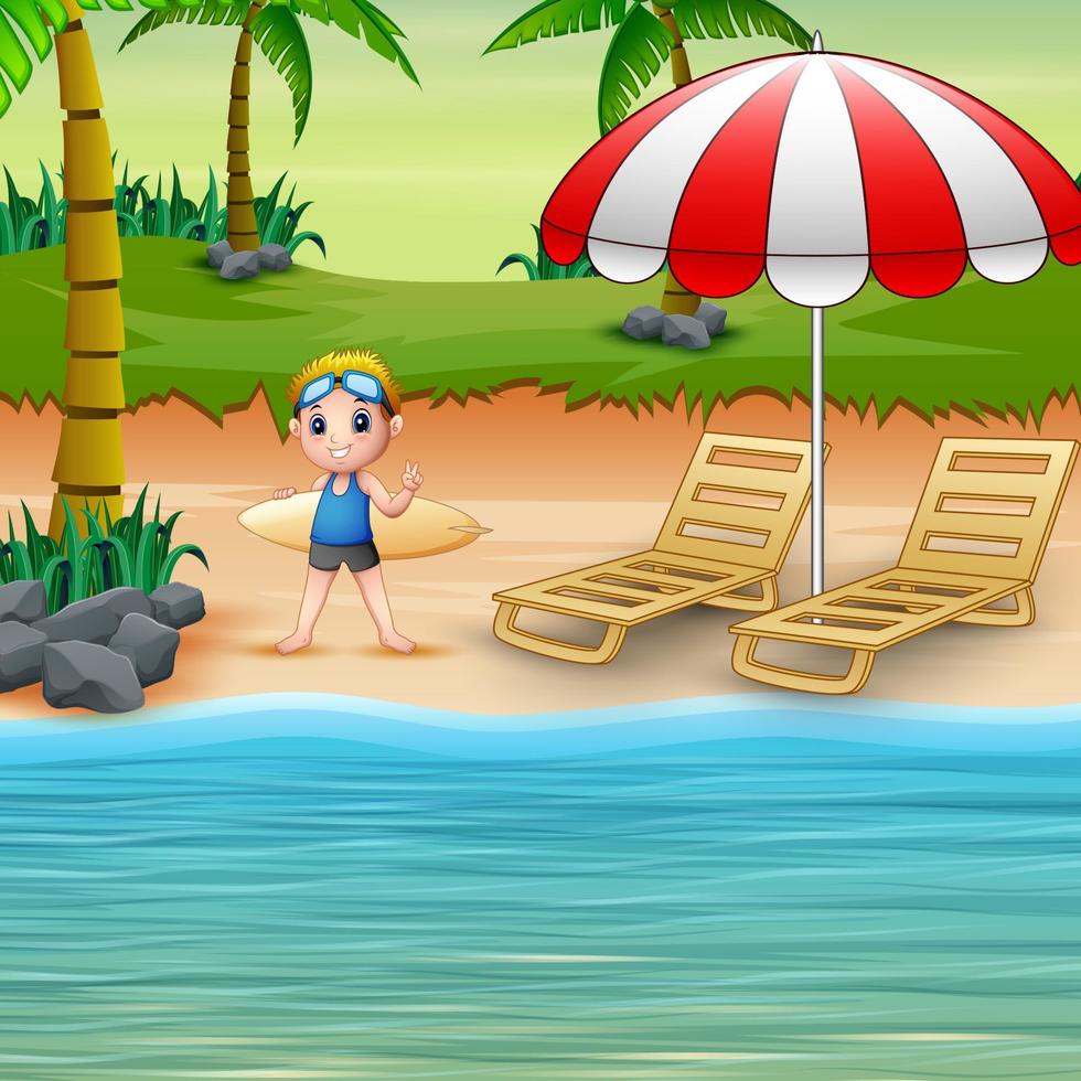 leuke tekenfilmjongen in zwembroek met een surfplank op het strand vector