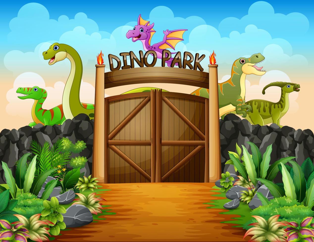 dinosaurussen in een dino-parkillustratie vector