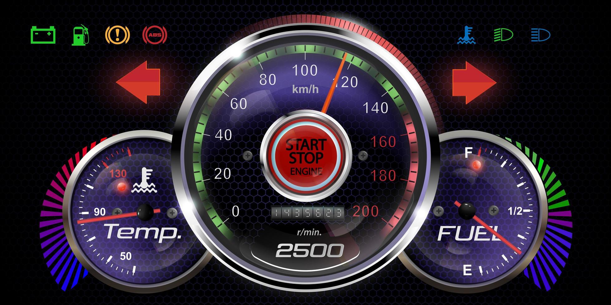 vectorillustratie van een realistisch dashboard. het begrip snelheid. autodisplay met bedieningsindicatoren. vector