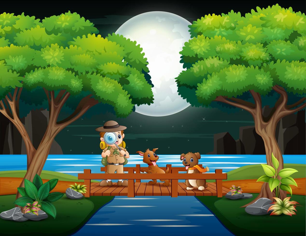 de ontdekkingsreiziger met twee honden op de houten brug vector