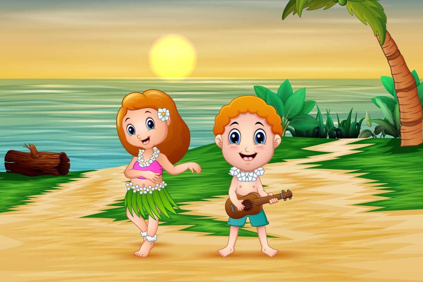 jongen die gitaar speelt en hawaiiaans meisje hoela danst aan zee vector