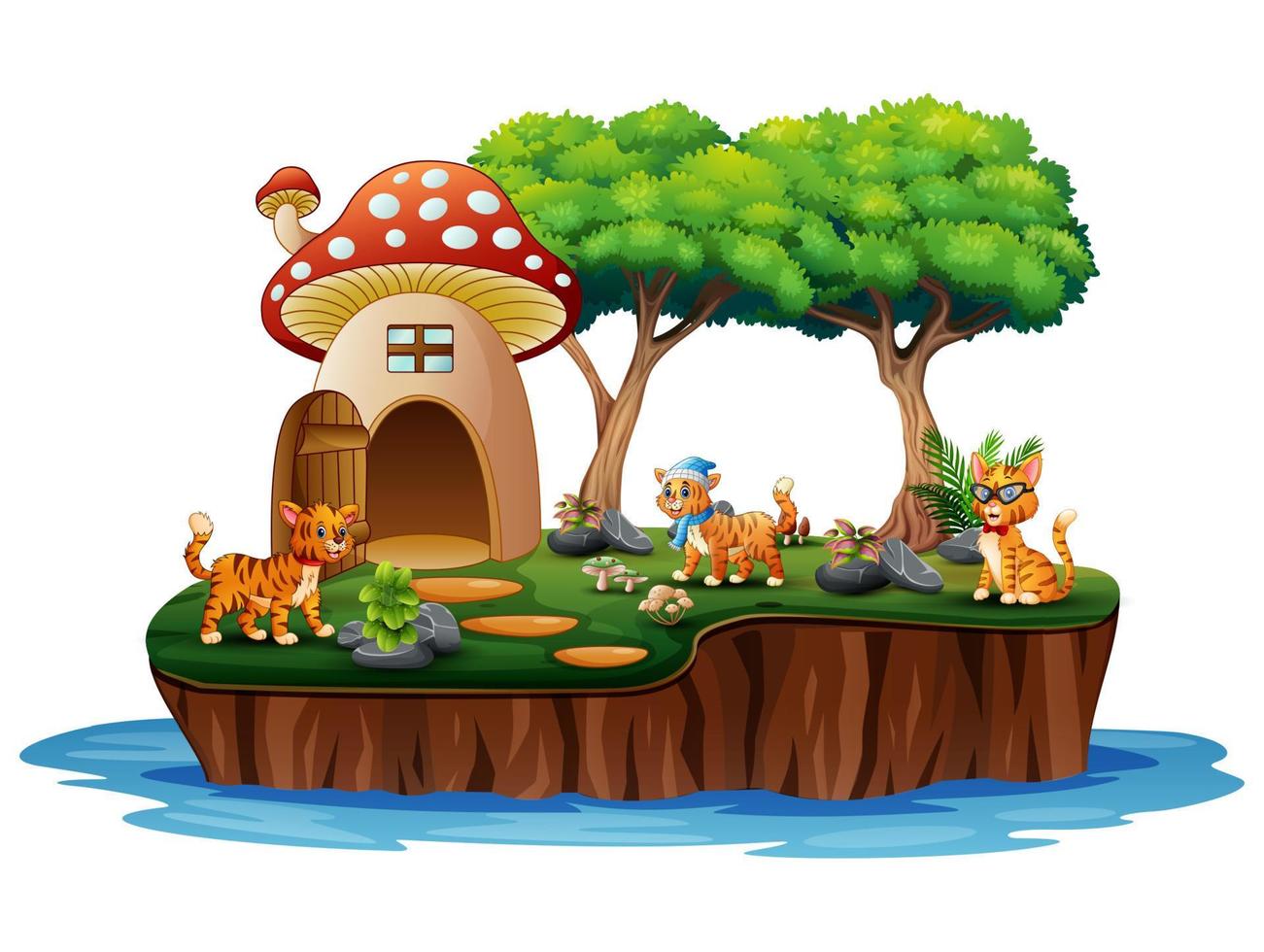 een paddenstoelenhuis met veel katten op het eiland vector