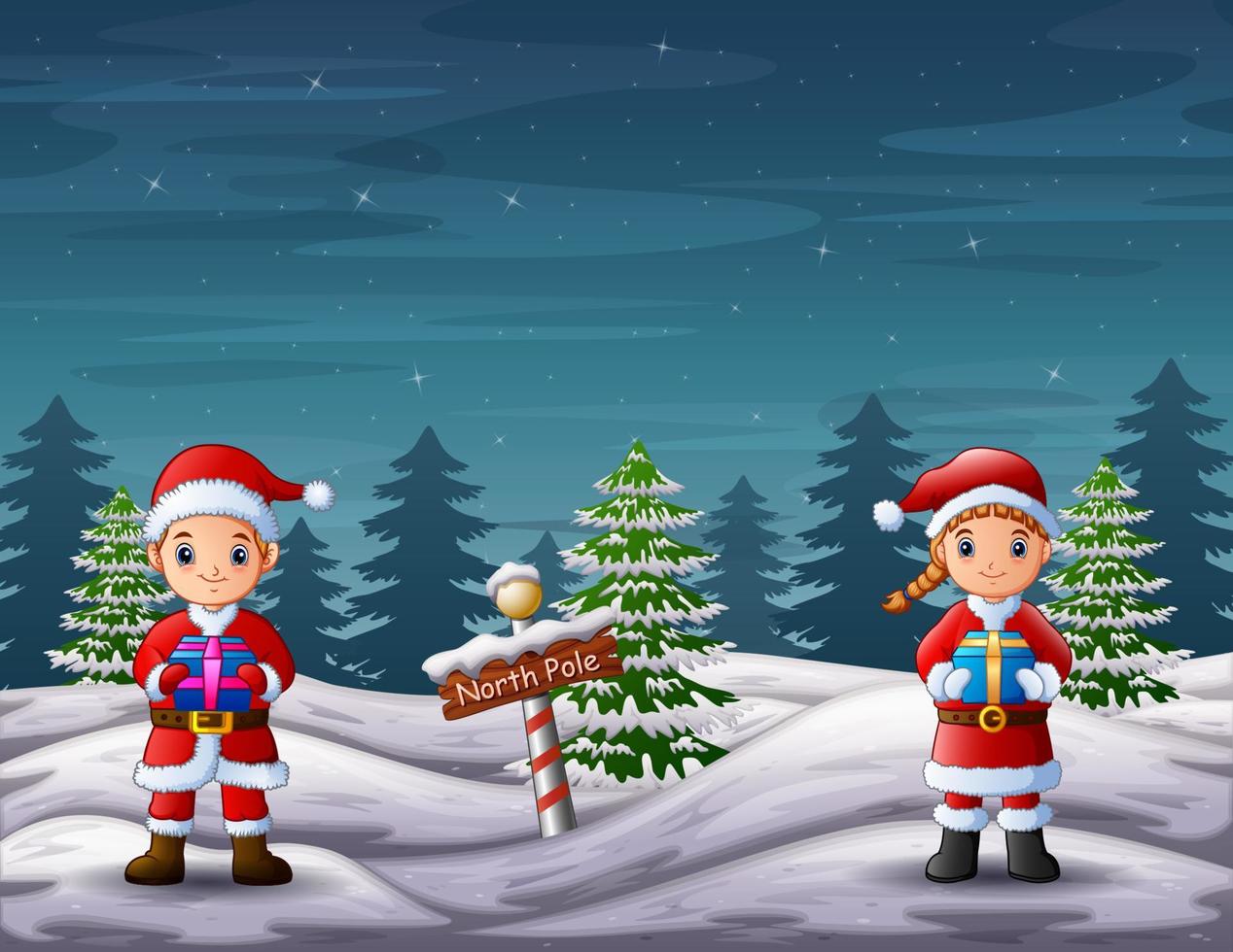de kerstman met een geschenkdoos in het landschap van de noordpool vector