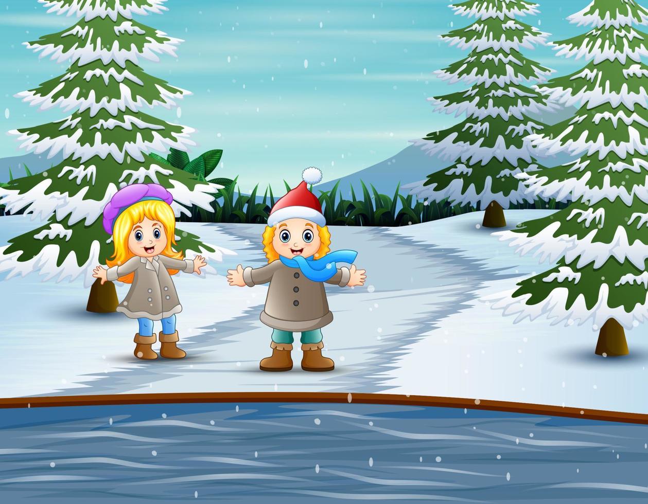 twee meisjes die plezier hebben onder sneeuwvlokken vector