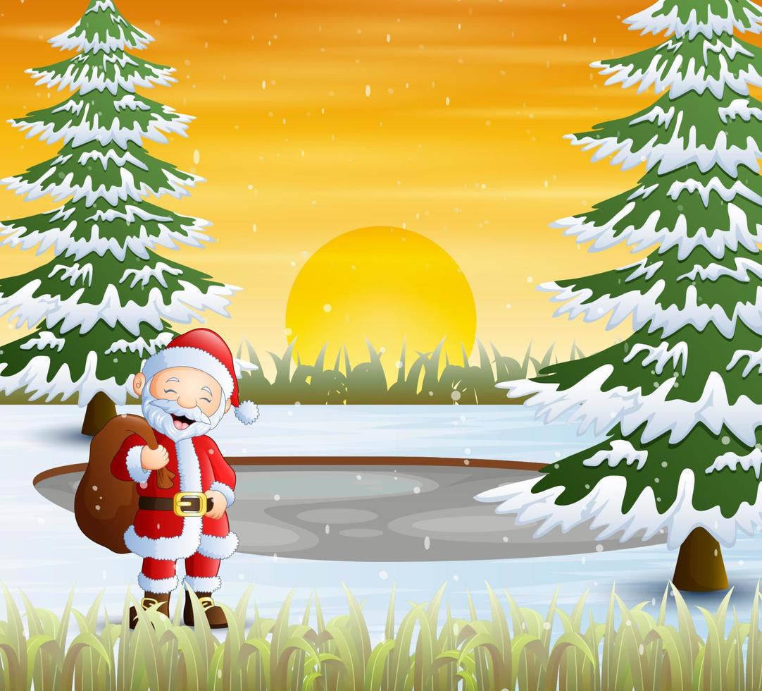winterlandschap met de kerstman die een zak met cadeautjes vasthoudt vector