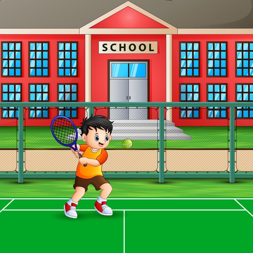gelukkige jongen die tennis speelt op het schoolplein vector