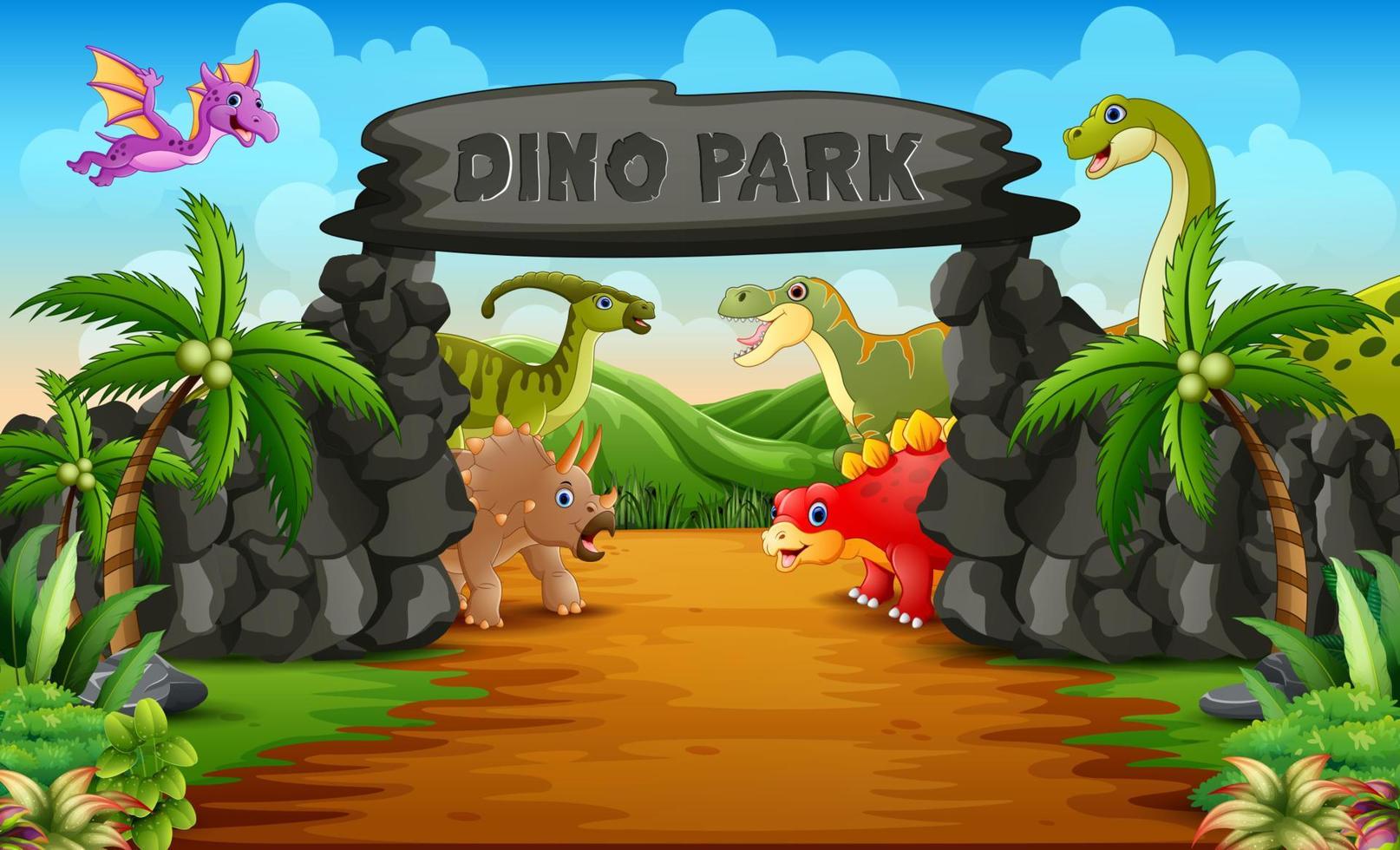 dinosaurussen in een illustratie van de ingang van een dino-park vector