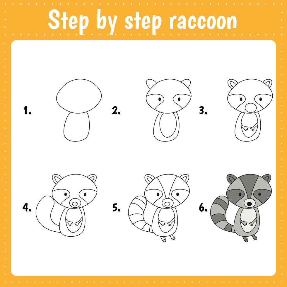 tekenles voor kinderen. hoe teken je een wasbeer. zelfstudie tekenen. herhaalt stap voor stap het beeld. kinderactiviteit kunstpagina voor boek. vectorillustratie. vector
