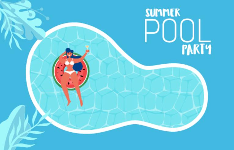 Hoogste mening van de partij van de de zomerpool. Zomertijd hete verkoop reclameontwerp met meisje op rubberring in zwembad. vector